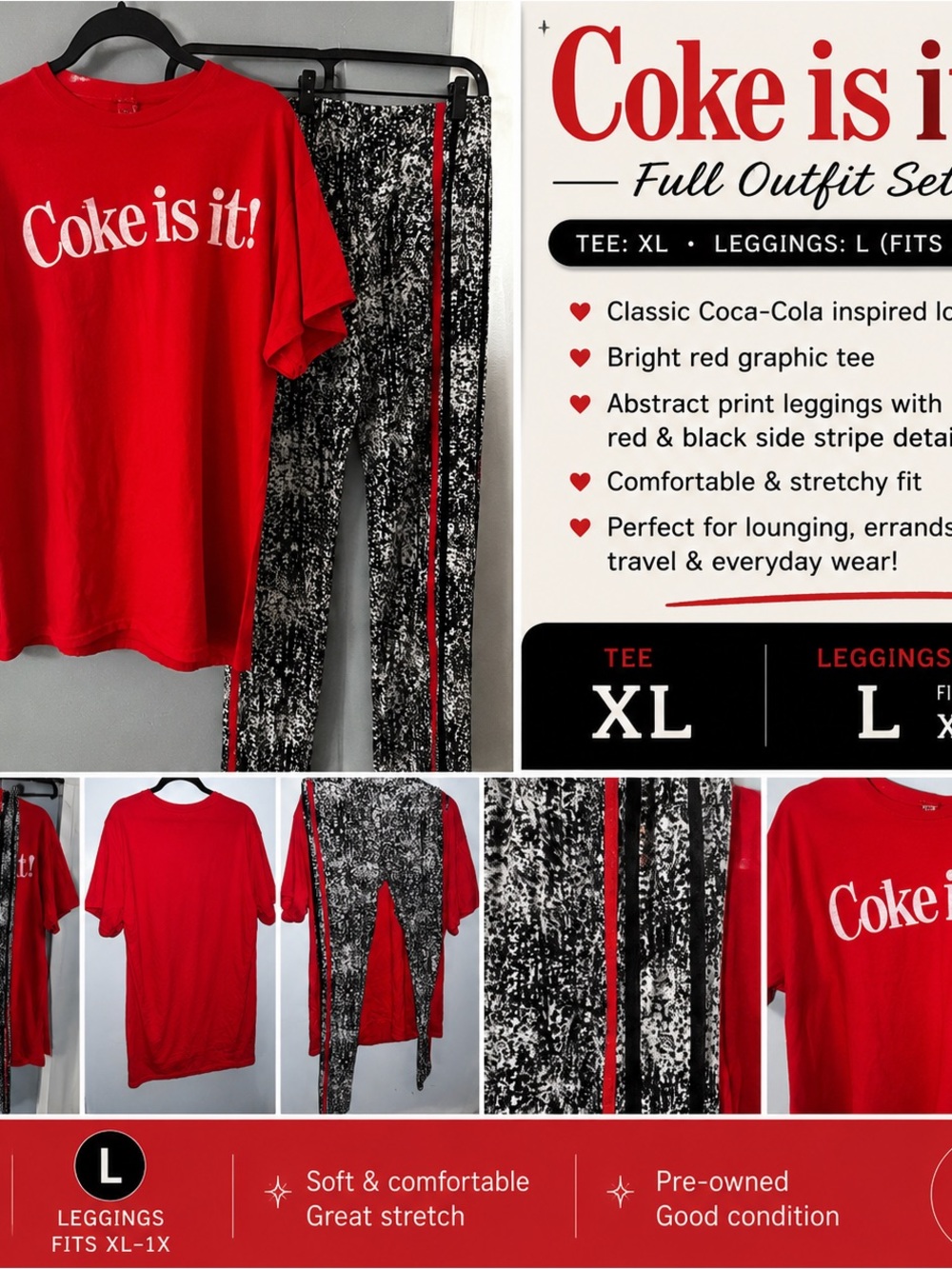 Coca-Cola Red Graphic Tee with Black & White Abstract Stripe Leggings